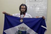 Atleta Paralimpico de Joinville Guilherme Nunes da Rocha(DF) vence prova de natação nos 11º  Parajasc em São Miguel do Oeste. - Fotografo: Phelippe José - Data: 26/04/2015