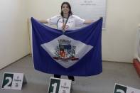 Atleta Paralimpica de Joinville Roberta Soares(DA)  vence prova de natação nos 11º  Parajasc em São Miguel do Oeste. - Fotografo: Phelippe José - Data: 26/04/2015